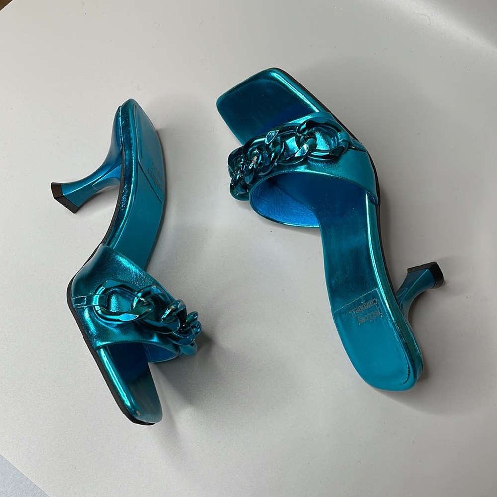 Jeffrey Campbell Metallic Teal Chain-Accent Kitten Heels